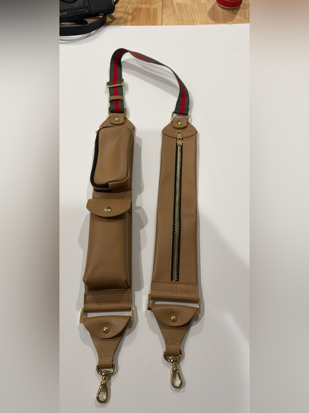 Bandolier Billie Strap
Leather Adjustable Crossbody Strap with Green-Red Accent